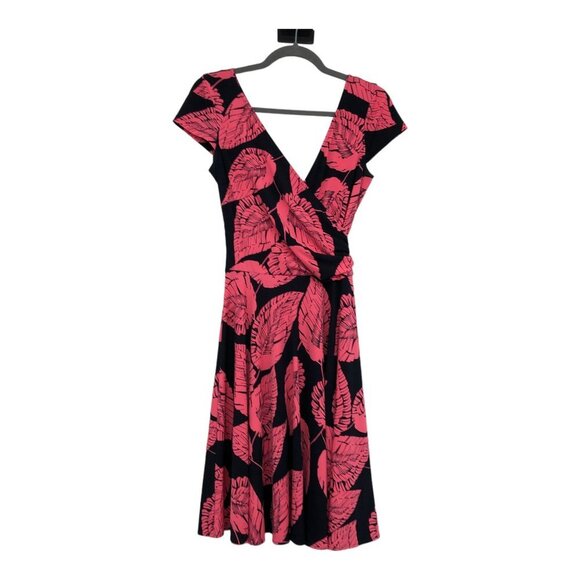 Maggy London Coral Leaf Pattern Faux Wrap Dress Size 4 - Picture 2 of 16